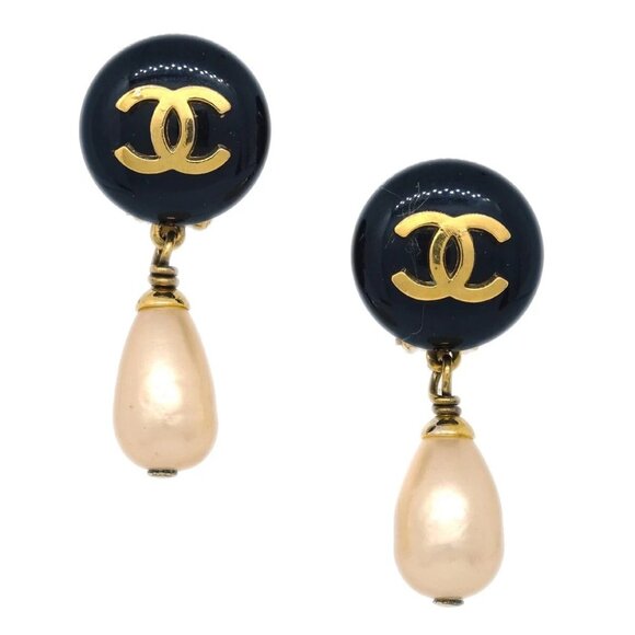 Chanel Artificial Pearl Dangle Earrings Clip-On Gold - Picture 1 of 4